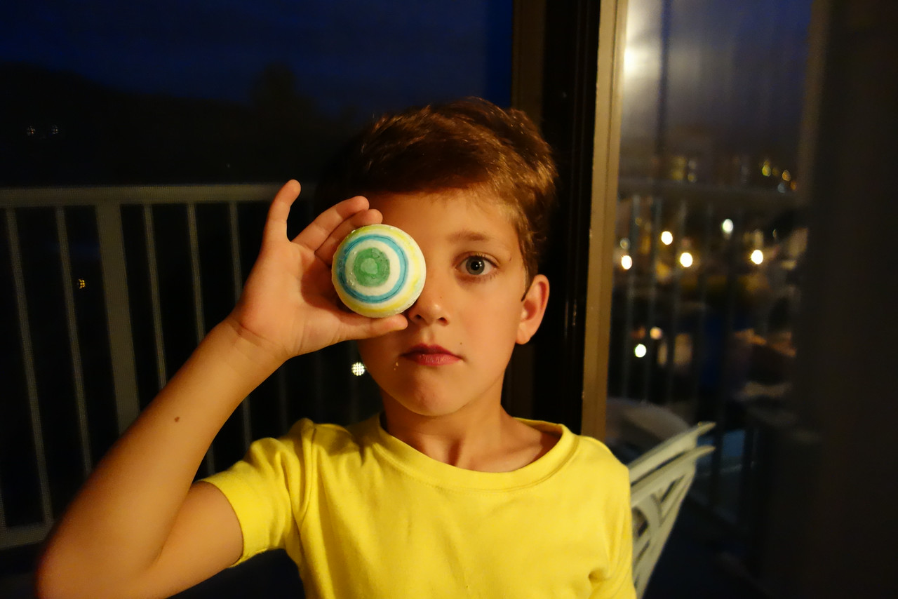 My new 'glass eye' - a giant Gobbstopper Nicholas licked to the core